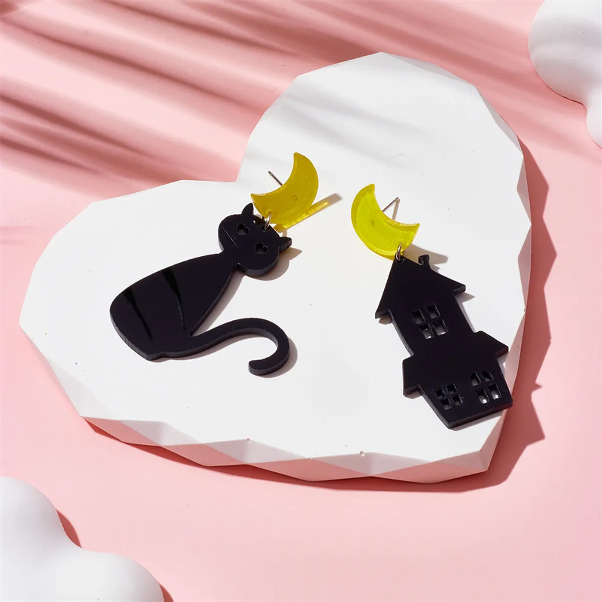 1 Pair Cartoon Style Funny House Moon Cat Asymmetrical Hollow Out Arylic Drop Earrings