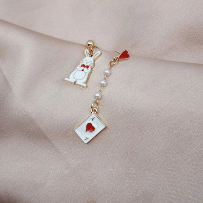 Cartoon Style Rabbit Poker Alloy Enamel Artificial Pearls Earrings