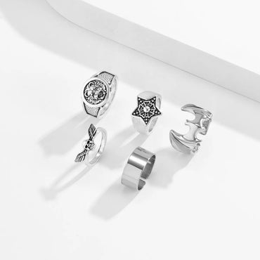 Cartoon Style Star Wings Skull Alloy Rings 5 Pieces