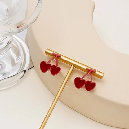 Cartoon Style Sweet Fruit Heart Shape Imitation Pearl Alloy Enamel Inlay Rhinestones Women's Earrings 1 Pair