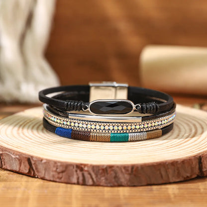 Casual Bohemian Color Block Pu Layered Braid Inlay Artificial Gemstones Women'S Bracelets