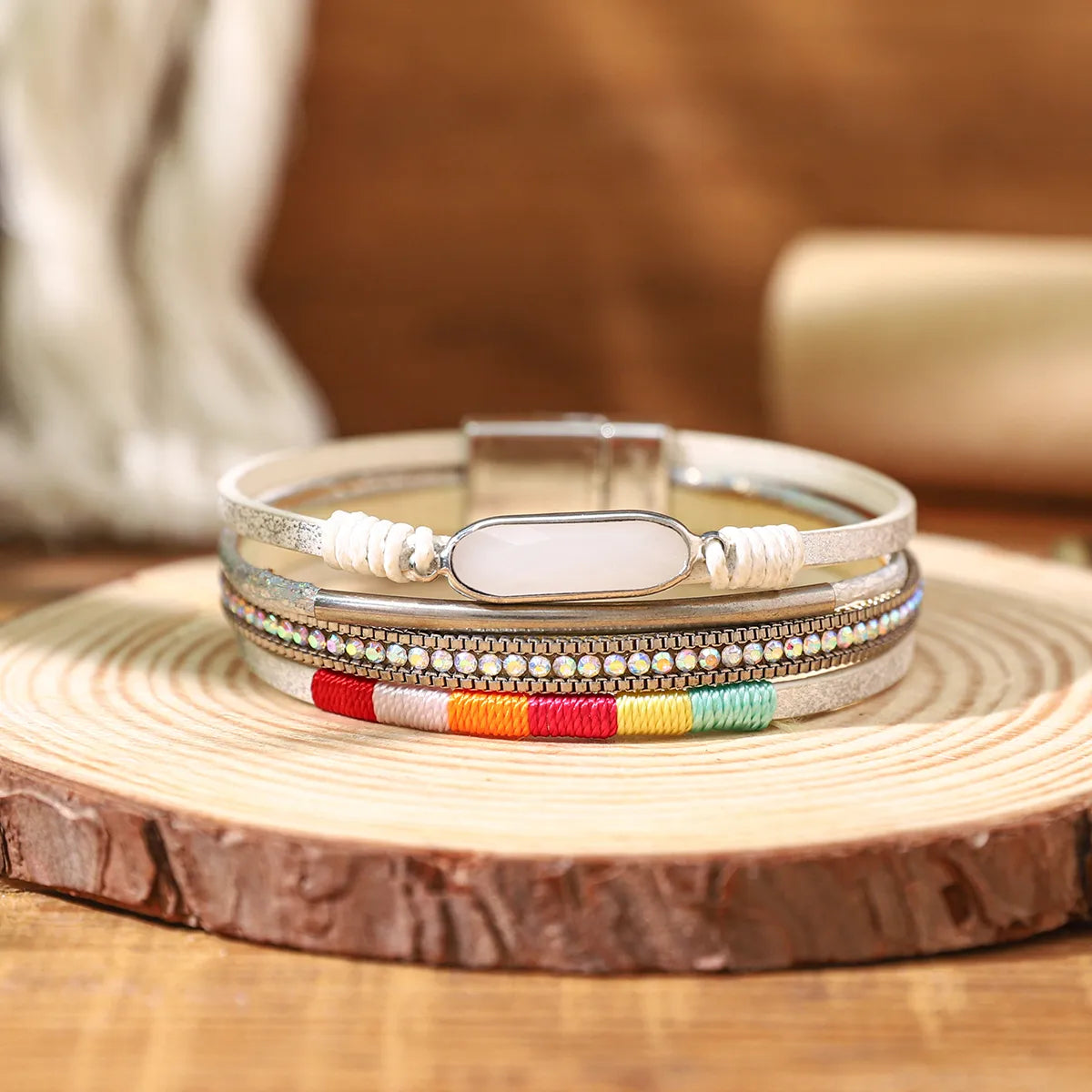 Casual Bohemian Color Block Pu Layered Braid Inlay Artificial Gemstones Women'S Bracelets