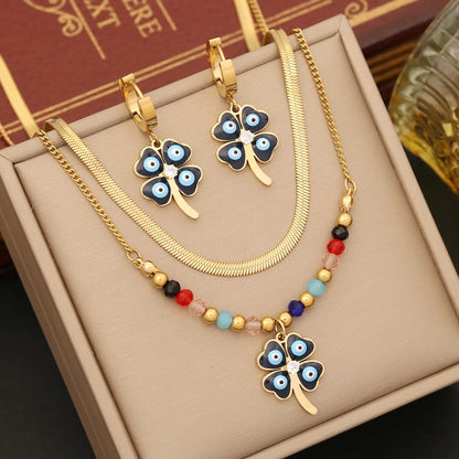 Casual Bohemian Palm Eye Stainless Steel Enamel Plating Inlay Artificial Crystal Earrings Necklace