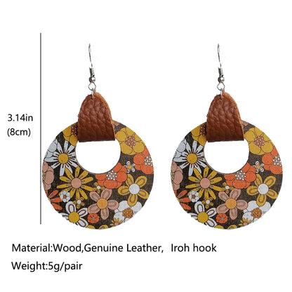 Casual Bohemian Round Flower Leopard Pu Leather Wood Steel Hollow Out Women's Drop Earrings