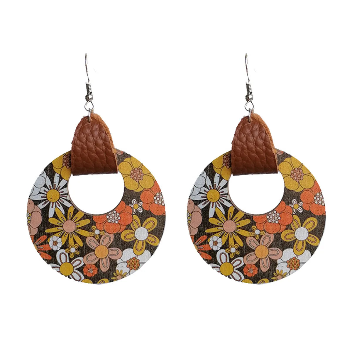 Casual Bohemian Round Flower Leopard Pu Leather Wood Steel Hollow Out Women's Drop Earrings