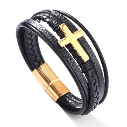 Casual British Style Cross Stainless Steel Pu Leather Knitting Men'S Wristband