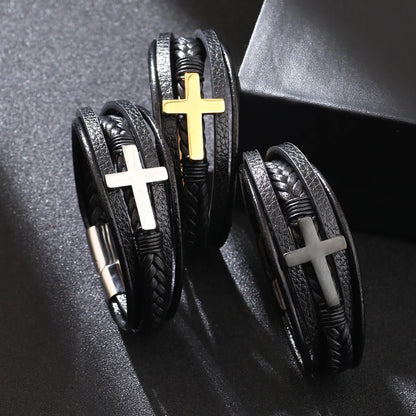 Casual British Style Cross Stainless Steel Pu Leather Knitting Men'S Wristband