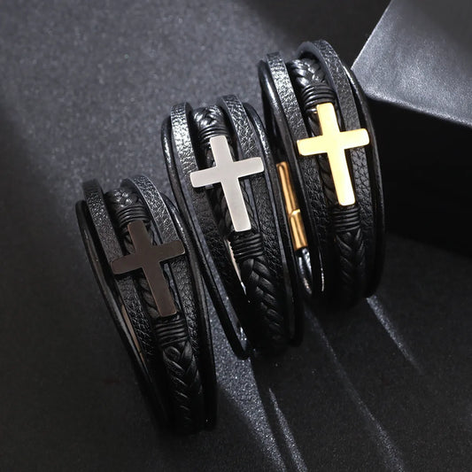 Casual British Style Cross Stainless Steel Pu Leather Knitting Men'S Wristband