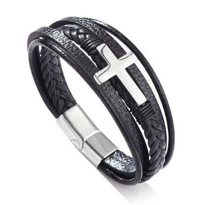 Casual British Style Cross Stainless Steel Pu Leather Knitting Men'S Wristband