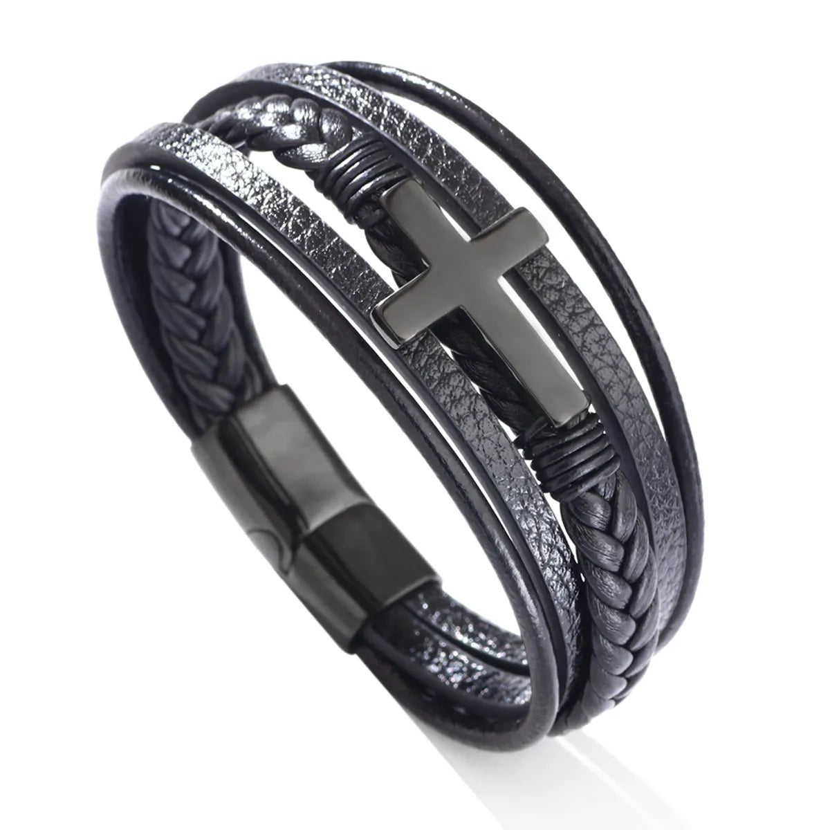 Casual British Style Cross Stainless Steel Pu Leather Knitting Men'S Wristband