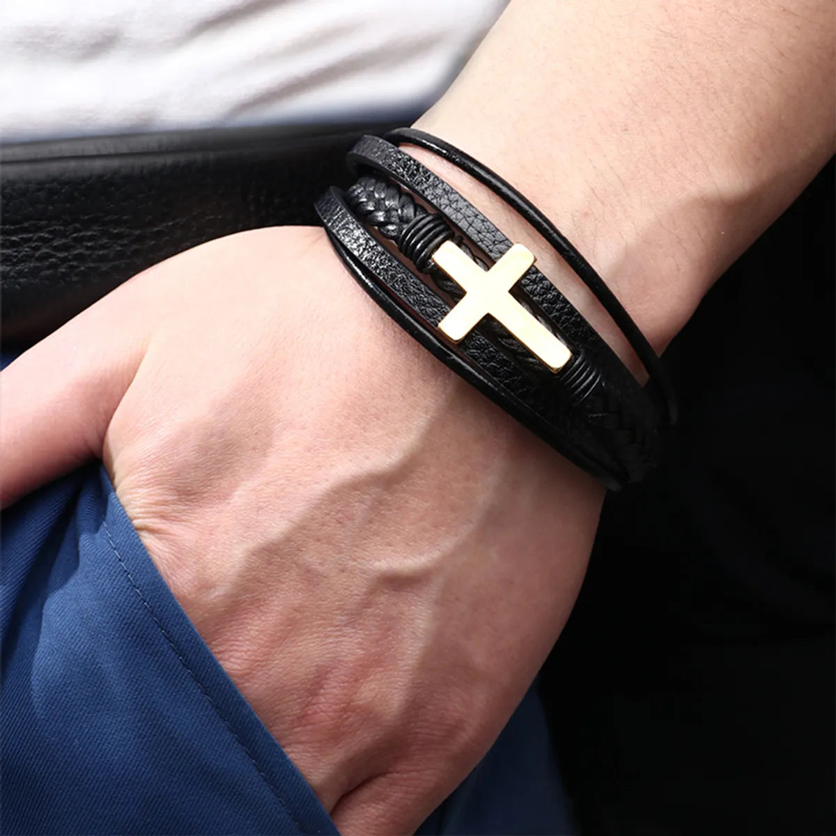 Casual British Style Cross Stainless Steel Pu Leather Knitting Men'S Wristband