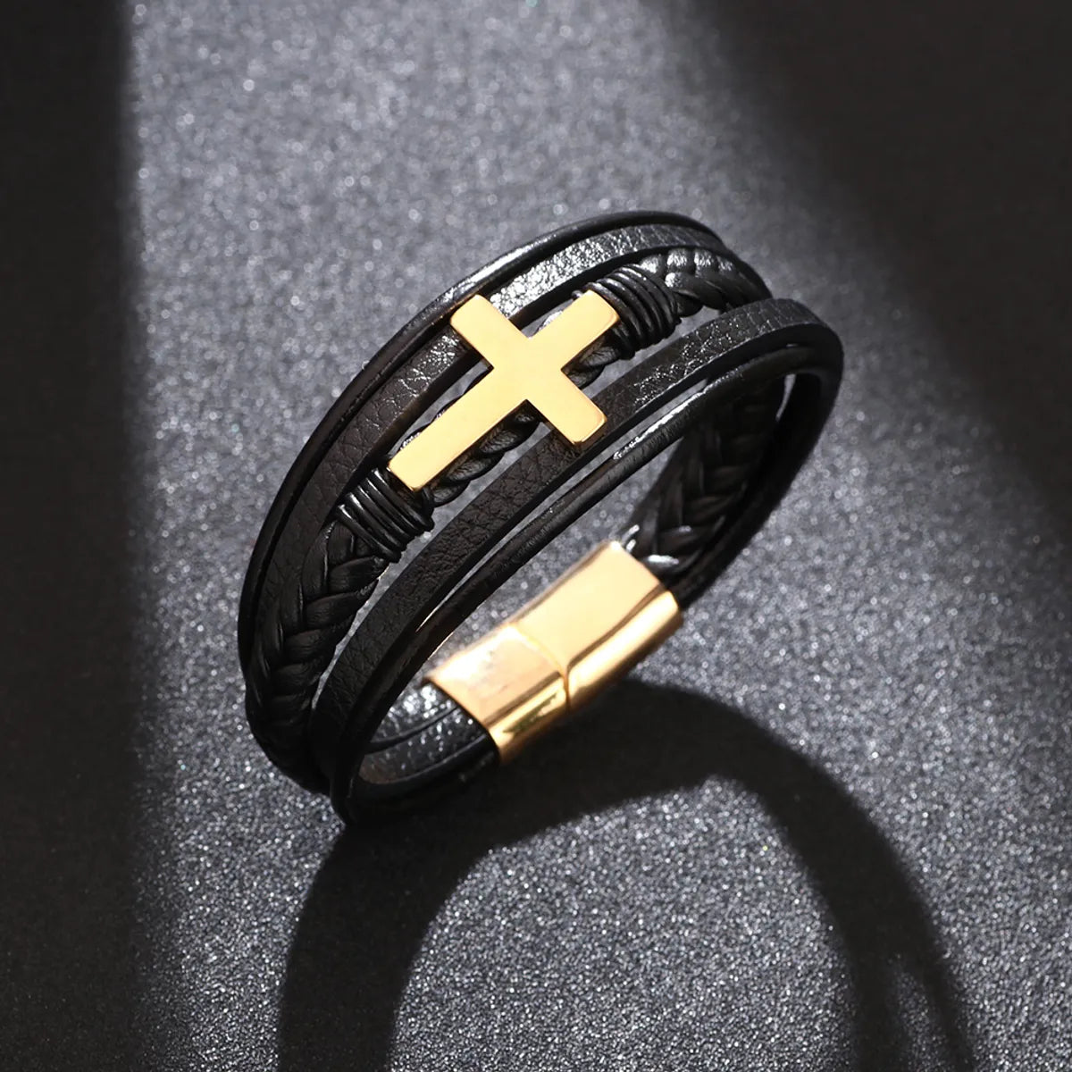 Casual British Style Cross Stainless Steel Pu Leather Knitting Men'S Wristband