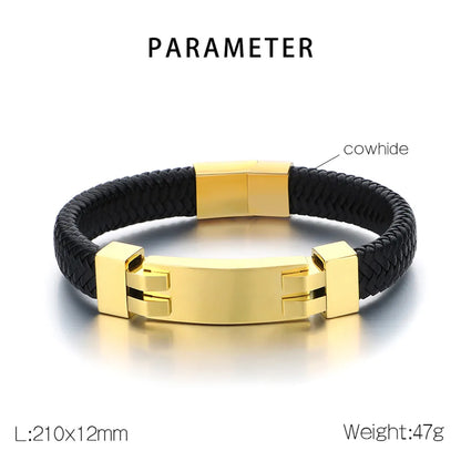 Casual Business Geometric 304 Stainless Steel Leather 18K Gold Plated Men'S Bangle