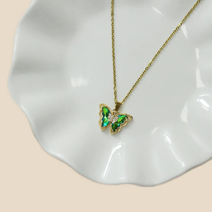 Casual Butterfly Stainless Steel Plating Inlay Zircon Gold Plated Pendant Necklace