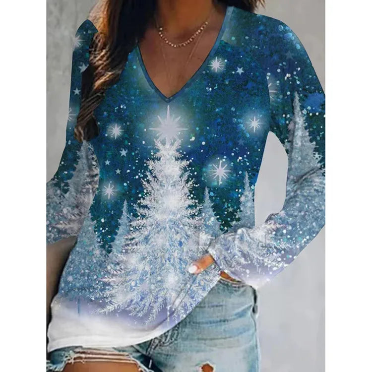 Women'S T-Shirt Long Sleeve Blouses Printing Casual Christmas Tree