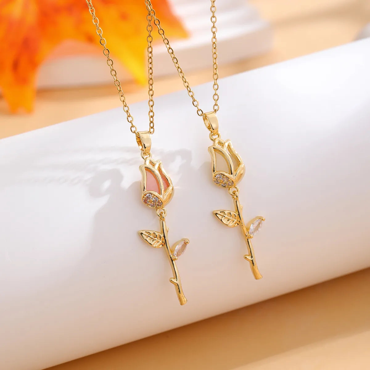 Casual Classic Style Tulip Stainless Steel Plating Inlay Rhinestones Opal Zircon Gold Plated Pendant Necklace