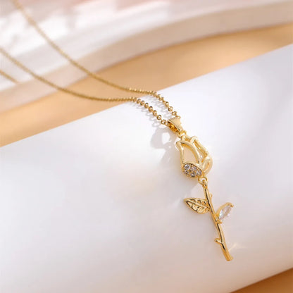 Casual Classic Style Tulip Stainless Steel Plating Inlay Rhinestones Opal Zircon Gold Plated Pendant Necklace