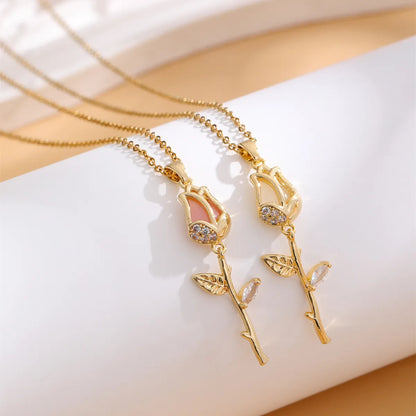 Casual Classic Style Tulip Stainless Steel Plating Inlay Rhinestones Opal Zircon Gold Plated Pendant Necklace