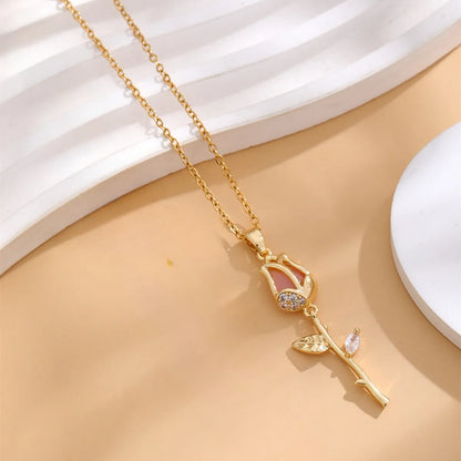 Casual Classic Style Tulip Stainless Steel Plating Inlay Rhinestones Opal Zircon Gold Plated Pendant Necklace