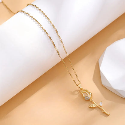 Casual Classic Style Tulip Stainless Steel Plating Inlay Rhinestones Opal Zircon Gold Plated Pendant Necklace