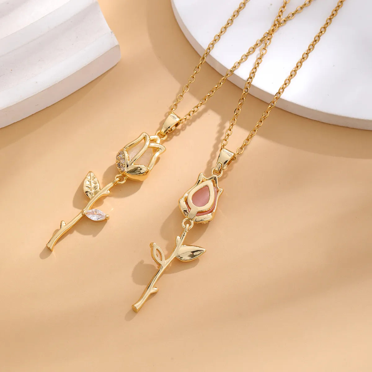 Casual Classic Style Tulip Stainless Steel Plating Inlay Rhinestones Opal Zircon Gold Plated Pendant Necklace