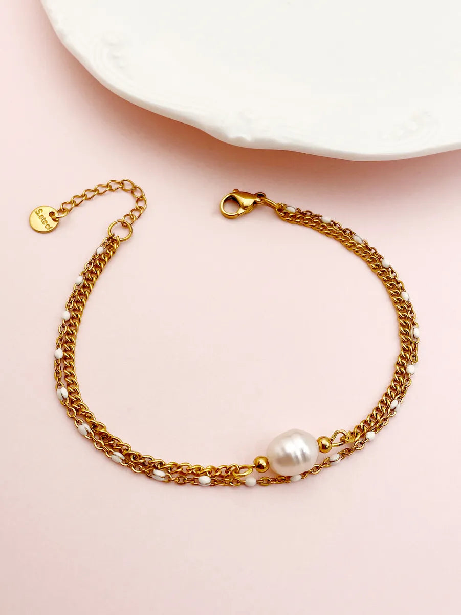 Casual Commute Round Stainless Steel Artificial Pearl Turquoise Beaded Polishing Plating Gold Plated Bracelets