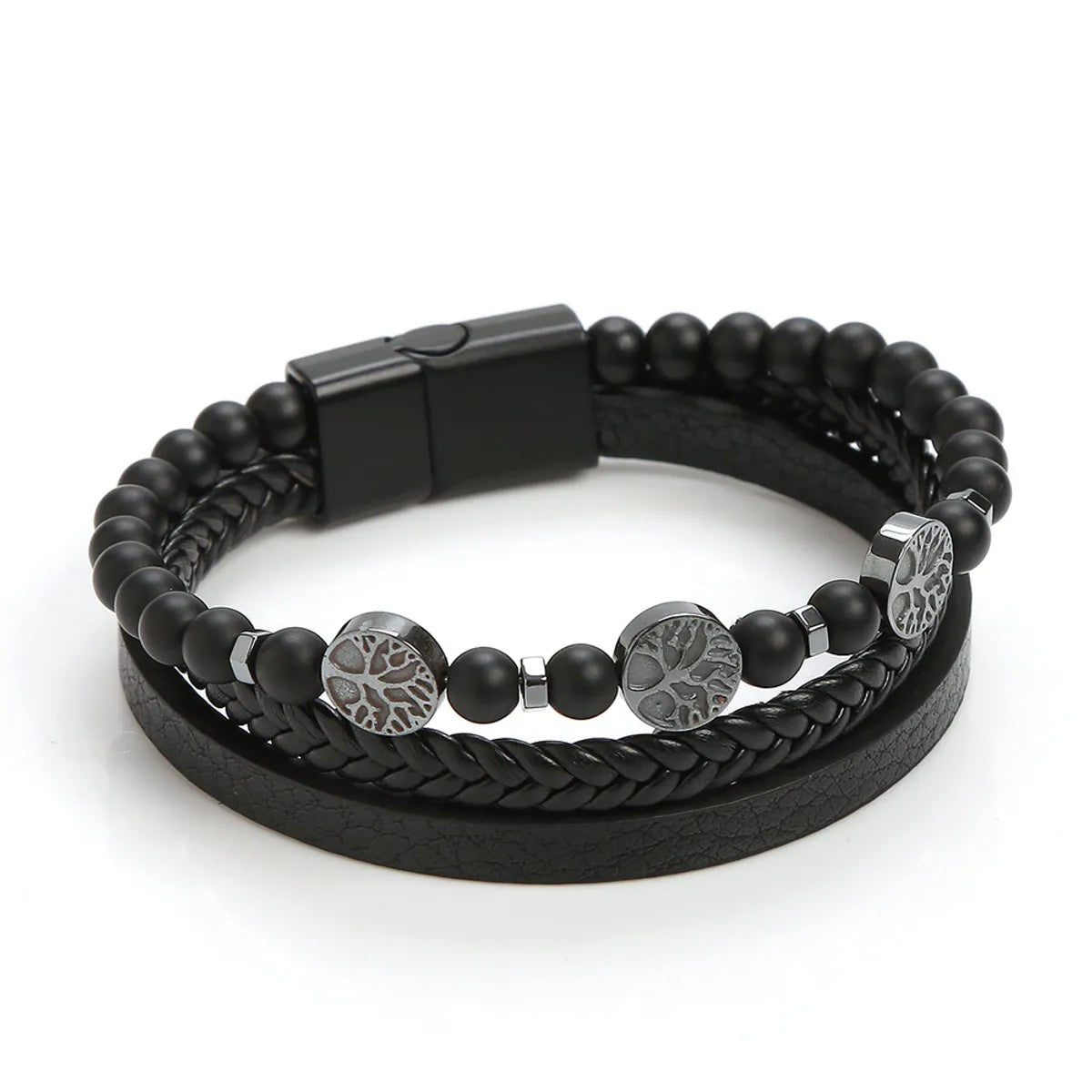 Casual Cool Style Tree Pu Leather Alloy Natural Stone Beaded Magnetic Braid Men'S Bracelets