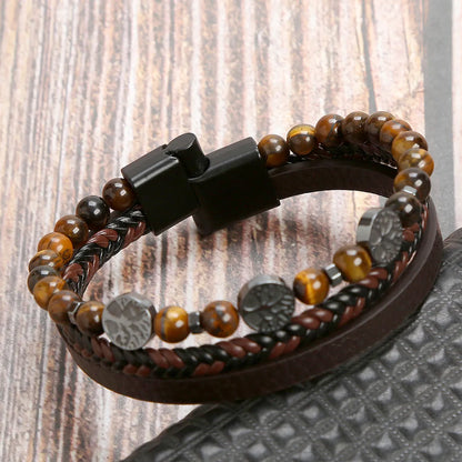 Casual Cool Style Tree Pu Leather Alloy Natural Stone Beaded Magnetic Braid Men'S Bracelets