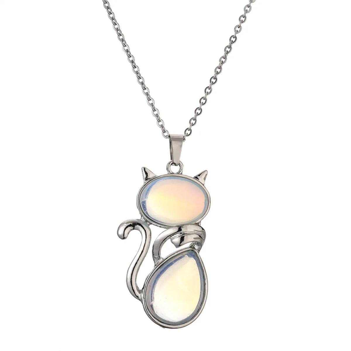 Casual Cute Cat Stainless Steel Plating Inlay Natural Stone Crystal Glass Pendant Necklace Long Necklace