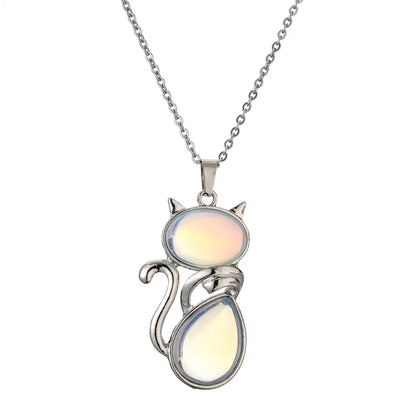 Casual Cute Cat Stainless Steel Plating Inlay Natural Stone Crystal Glass Pendant Necklace Long Necklace