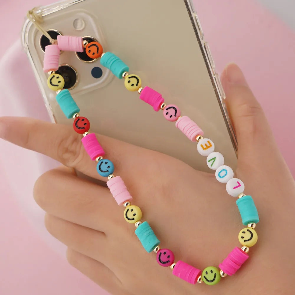 Casual Cute Letter Heart Shape Soft Clay Beaded Mobile Phone Chain