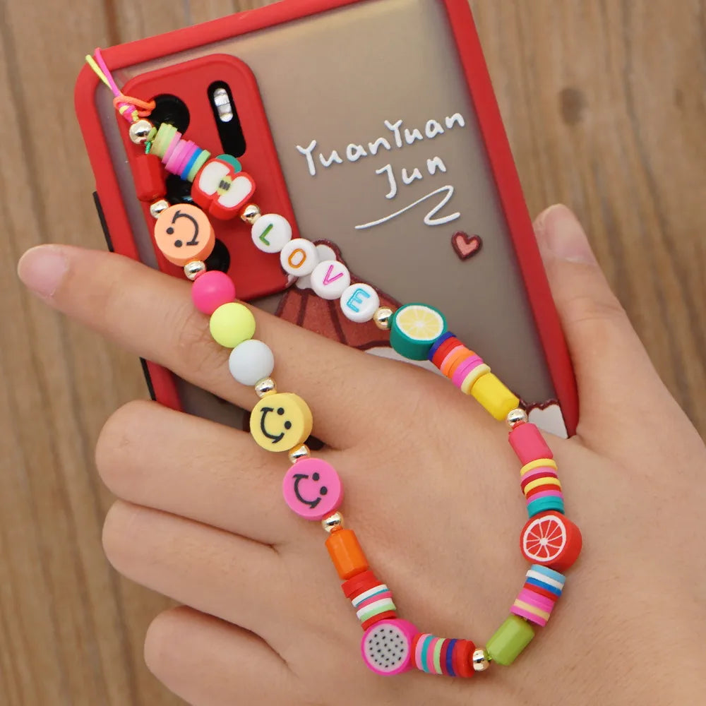 Casual Cute Letter Heart Shape Soft Clay Beaded Mobile Phone Chain