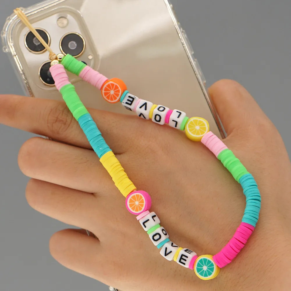 Casual Cute Letter Heart Shape Soft Clay Beaded Mobile Phone Chain