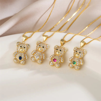 Casual Cute Little Bear Copper Gold Plated Zircon Pendant Necklace In Bulk