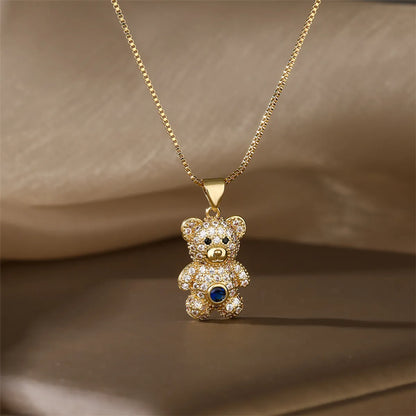 Casual Cute Little Bear Copper Gold Plated Zircon Pendant Necklace In Bulk