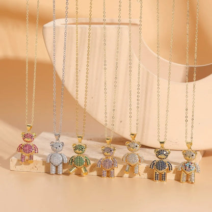 Casual Cute Streetwear Little Bear Brass 14k Gold Plated White Gold Plated Zircon Pendant Necklace In Bulk