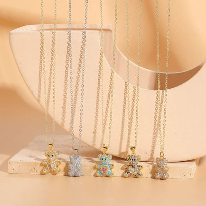 Casual Cute Streetwear Little Bear Brass 14k Gold Plated White Gold Plated Zircon Pendant Necklace In Bulk