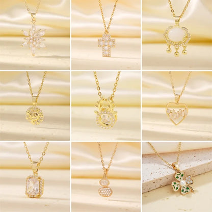 Wholesale Casual Cute Sweet Christmas Tree Heart Shape Snowflake 304 Stainless Steel Copper Plating Inlay K Gold Plated Zircon Pendant Necklace