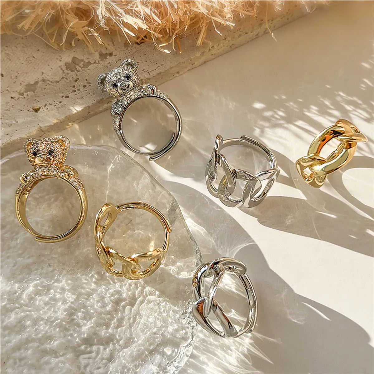 Casual Cute Vintage Style Bear Copper Plating Hollow Out Inlay Zircon 18k Gold Plated Open Rings