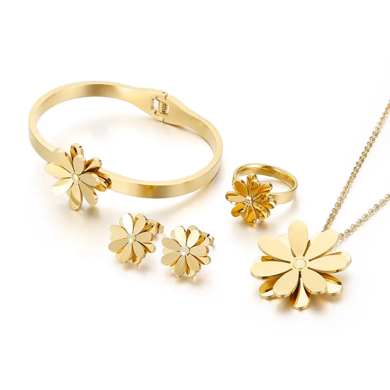 Wholesale Jewelry Casual Daisy Titanium Steel 18K Gold Plated Plating Jewelry Set