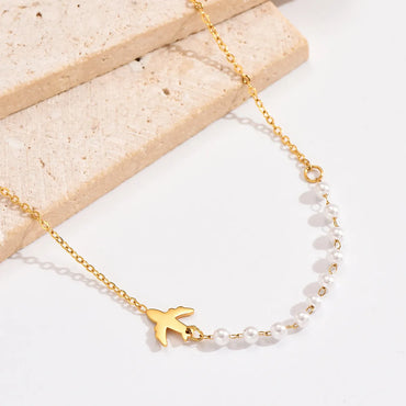 Casual Elegant Airplane Stainless Steel Artificial Pearl Polishing Plating 14k Gold Plated Necklace