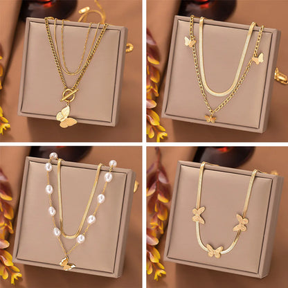 Casual Elegant Butterfly Titanium Steel Toggle Pearl Plating Layered Necklaces