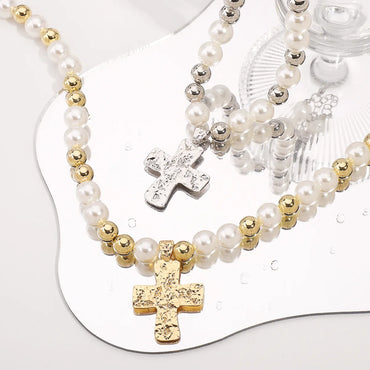 Casual Elegant Cross CCB Imitation Pearl Alloy Wholesale Pendant Necklace