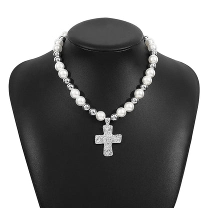 Casual Elegant Cross CCB Imitation Pearl Alloy Wholesale Pendant Necklace