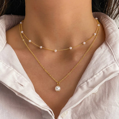 Casual Elegant Lady Geometric Alloy Plastic Layered Women'S Double Layer Necklaces Pendant Necklace