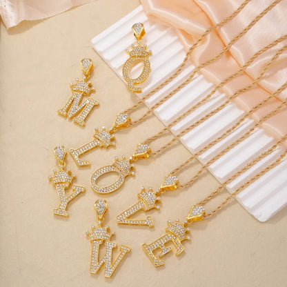 Casual Elegant Letter Crown Copper Plating Inlay Zircon Gold Plated Pendant Necklace