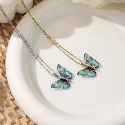 Casual Elegant Modern Style Butterfly Shell Zircon 304 Stainless Steel Alloy Wholesale Pendant Necklace