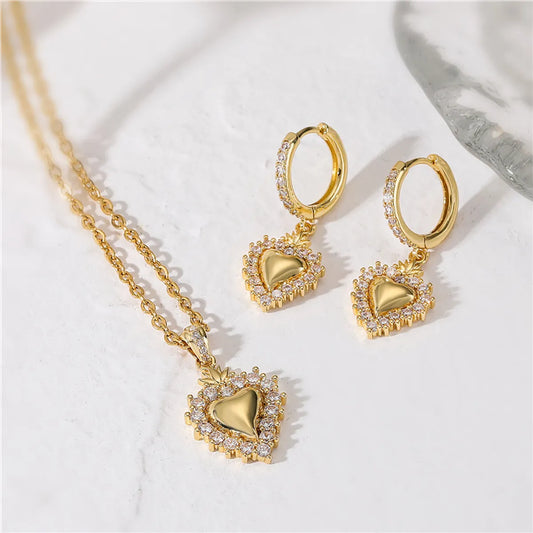 Casual Elegant Simple Style Heart Shape Copper Plating Inlay Zircon 18k Gold Plated Earrings Necklace