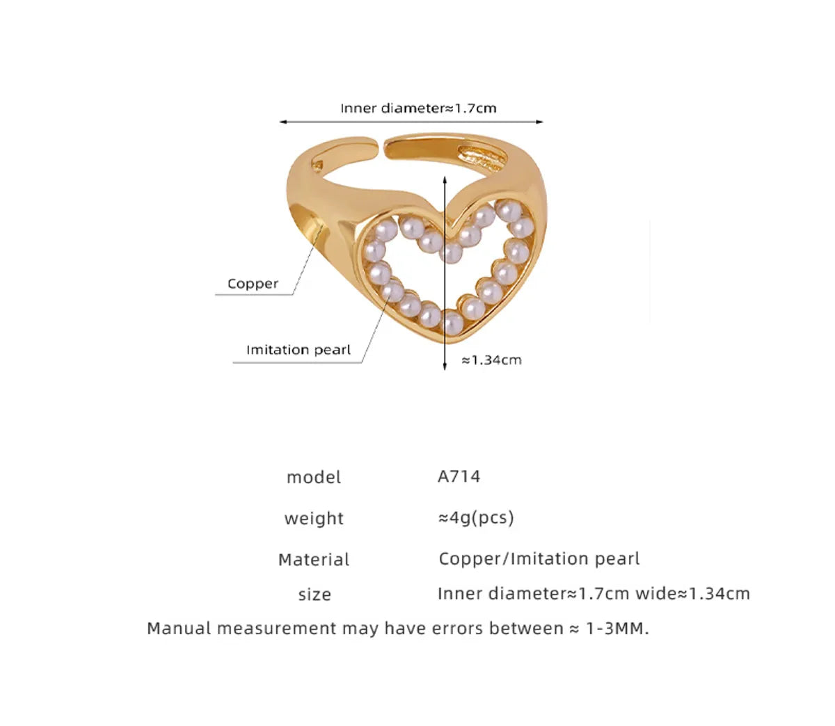 Casual Elegant Simple Style Heart Shape Imitation Pearl Copper Plating 18k Gold Plated Unisex Open Rings