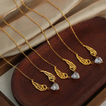 Wholesale Jewelry Casual Elegant Simple Style Heart Shape Wings Titanium Steel Zircon 18K Gold Plated Plating Hollow Out Inlay Pendant Necklace